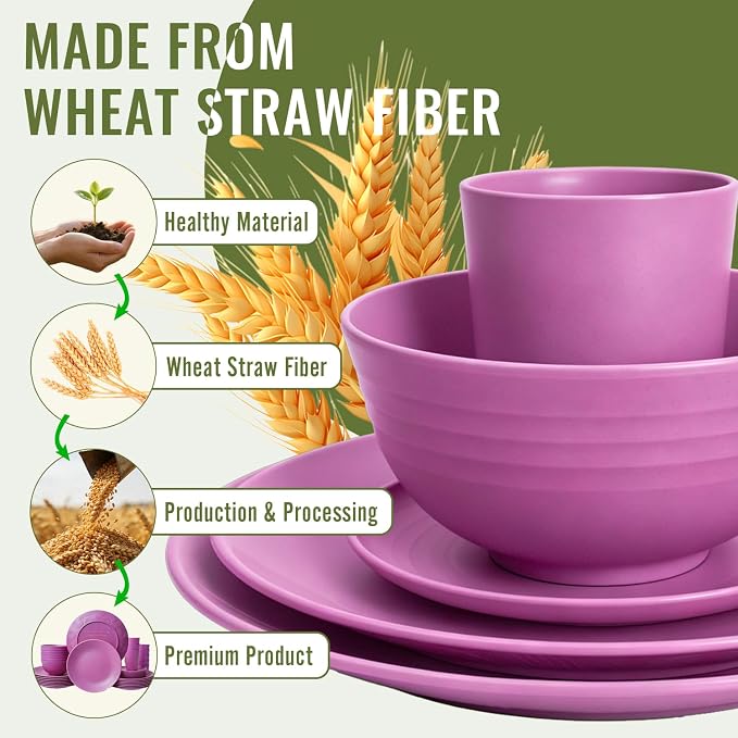 Wheat Straw Dinnerware Set 40 PCS | Service for 8 | Unbreakable Plates and Bowls Sets Plastic Reusable Dishes Sets Dinner Plates, Cereal Bowls, Water Cups Kitchen Set for Home RV- Pink