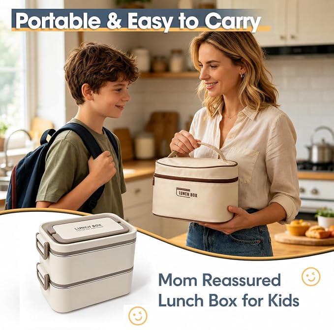 Kabbas 18/8 Stainless Steel Bento Box for Kids & Women – 66 Oz Leakproof Lunch Containers for Adults, 2Layers Stackable Metal Lunch Box with Cutlery & Insulated Bag – Ideal for Work, School, Picnic