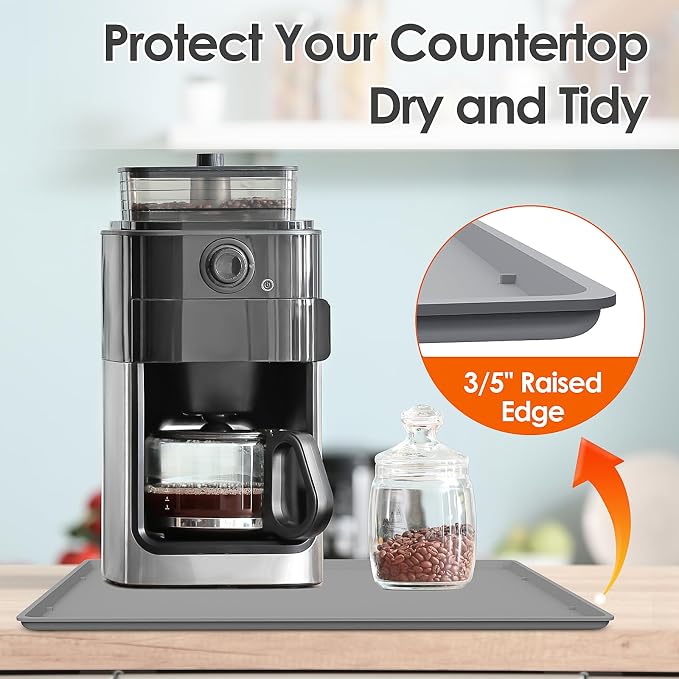 Silicone Coffee Maker Mat with Lip for Countertops, 19.7'' x 15'', Grey | Multi leak-proof coffee tray for countertop, non-slip silicone tray for under coffee machine espresso accessory, wipe-clean