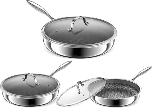 Hybrid Non Stick Frying Pans, Stainless Steel Frying Pans with Tempered Glass Lid, 8" 10" 12" 5 Ply Induction Cookware, Oven-Safe Up to 800°F, Compatible with All Cooktops