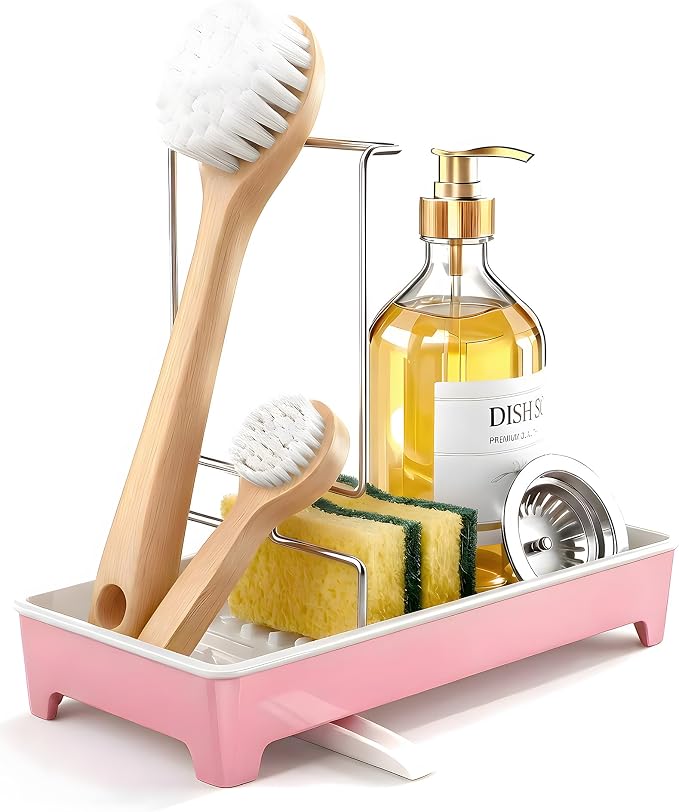 Minimalist Sink Caddy, Rustproof Sponge Holder for Kitchen Sink Pink | Large Rustproof countertop organizer with 304 stainless steel brush holder, raised ridges and silicone drain tube