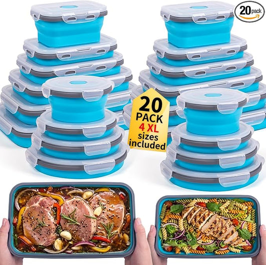 Collapsible Food Storage Containers with Lids 20 Pack(81oz/58oz Extra Large Included), 12 Rectangular+8 Round, Annaklin Silicone Collapsible Food Containers Sets Microwave Freezer Dishwasher Safe Blue