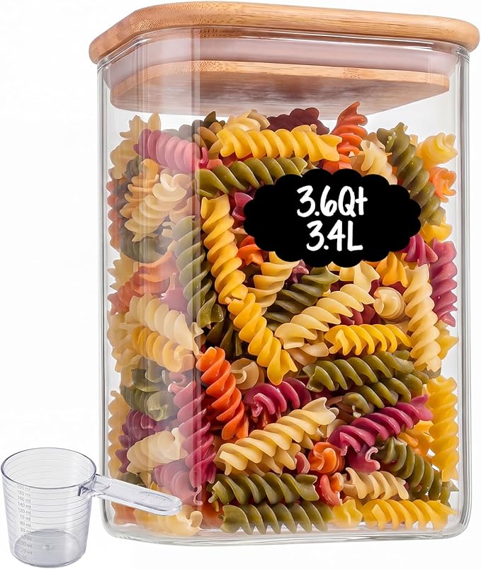 3.4Qt Large Glass Flour Cereal Storage Container with Bamboo Lid | Wide Mouth Design, With Measuring Cup, Minimalist Kitchen Organizer,Scandinavian Style Storage,Nordic Style Storage
