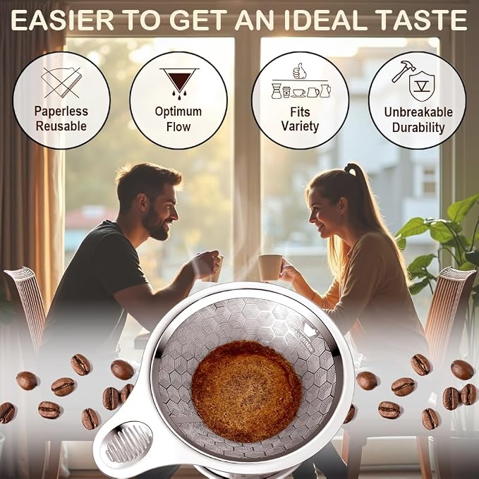 Pour over Coffee Dripper, Triple Layer Stainless Steel Cone Coffee Filter, 4 Cup Non-Electric Manual Portable Drip Coffee Maker, Metal Cone Cafe Coffee Dripper