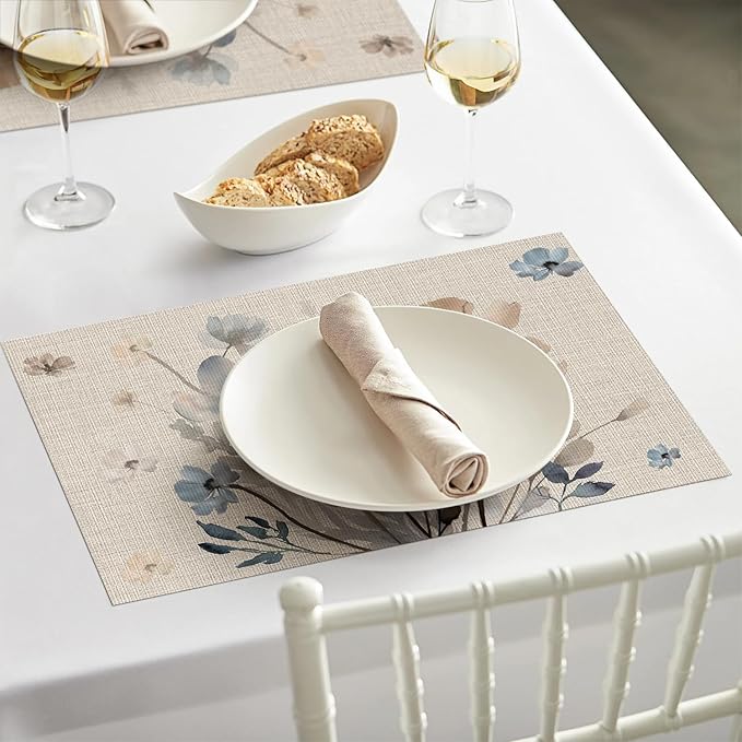 Artoid Mode Brown Poppy Floral Vinyl Spring Placemats Set of 6, Wipeable Plastic Woven PVC Table Mats for Party Kitchen Dining Decor, 12x18 Inch