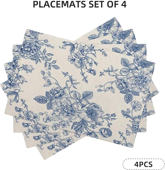 Chinoiserie Floral Placemats Set of 4, Vintage Blue Flower Decorative Table Mat 12 x 18 Inch Heat Resistant Non Slip Line Fabric Seasonal Floral Place mat for Dining Table