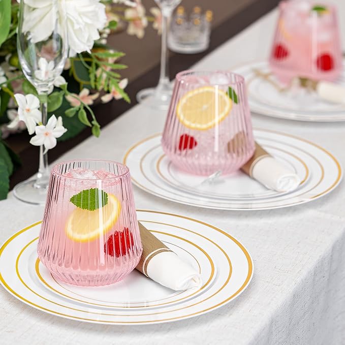 N9R 24PCS Pink Plastic Wine Glasses Disposable, 14 oz Cocktail & Spritz | Pink Clear Stemless Champagne/Whiskey/Drinking Cups, Fancy Origami Ripple, for Parties, Weddings, Pool and Bar