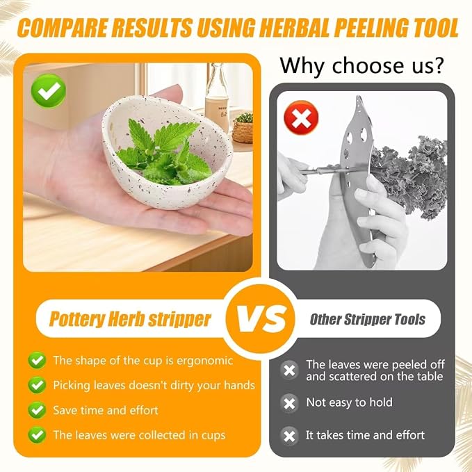 Handmade Ceramic Herb Stripper Bowl - Kitchen Herbs Leaf Stripping Tool Pottery Herb Peeler for Kale, Thyme, Basil, Rosemary (White)