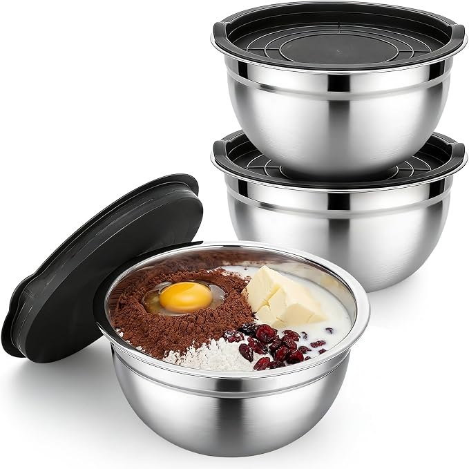 Beasea Mixing Bowls with Lids Set of 3, 1.5 QT Stackable Stainless Steel Mixing Bowls with Black Lids for Baking, Metal Nesting Bowl for Kitchen, Meal Prepping, Cooking and Serving