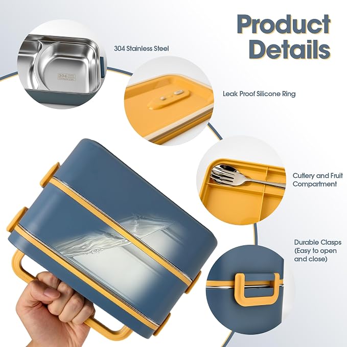 Kabbas 18/8 Stainless Steel Bento Box for Kids & Women – 66 Oz Leakproof Lunch Containers for Adults, 2Layers Stackable Metal Lunch Box with Cutlery & Insulated Bag – Ideal for Work, School, Picnic