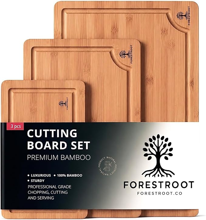 Bamboo Cutting Board for Kitchen, 3-Piece Carbonized Bamboo Chopping Board with Juice Groove, Side Handles, Bamboo Butcher Block Board for Meat, Vegetables & Fruits