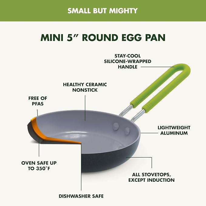 GreenPan Mini Healthy Ceramic Nonstick, 5" Round Egg Pan, PFAS-Free, Dishwasher Safe, Stay Cool Handle, Black