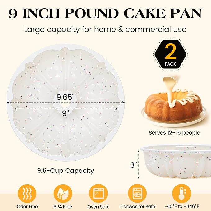 Vinino 9.5 Inch Fluted Tube Cake Pan, 2 Pack with Metal Frame | Bake Family Desserts Easily, Ideal for Cakes, Bread, Jello and Gelatin Treats, Flexible Silicone Design