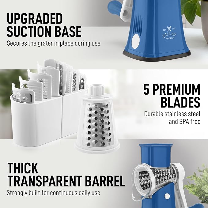 Zulay Kitchen Rotary Cheese Grater 5 Blade Cheese Shredder - Manual Hand Crank Cheese Grater With Reinforced Suction & 5 Interchangeable Drums - Easy to Use, Vegetable Chopper Round Mandoline Slicer
