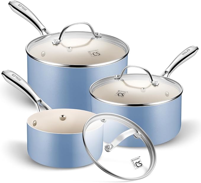 KOCH SYSTEME CS Nonstick Sauce Pan with Lid 1QT, 2QT & 3QT, Non-Toxic Ceramic Saucepan Set, Blue Sauce Pan Set, Multipurpose Cooking Pots Set, Compatible induction