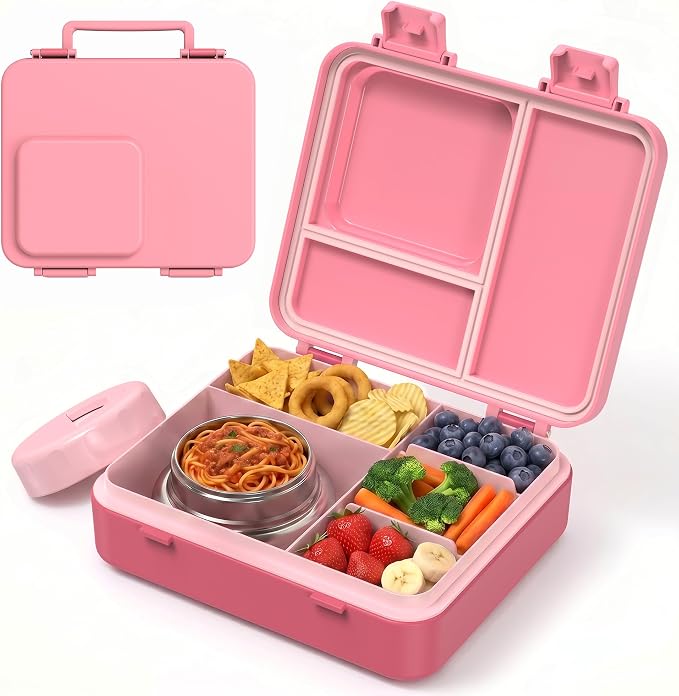 HOMEKOL Bento Lunch Box for Kids with 9oz Insulated Food Jar, Pink | 5-Compartment Leak-Proof Lunch Container for Girls Boys, BPA/BPS-Free, Dishwasher Safe