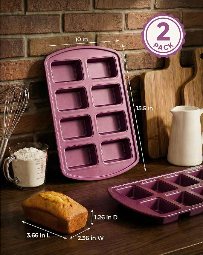 CARTMAN 2-Pack 8-Cavity Mini Loaf Pans, Carbon Steel Bread Pan Set, Purple | Includes spatula & brush, 0.6mm carbon steel, nonstick release, for banana bread, mini meatloaf, ideal for keto & meal prep