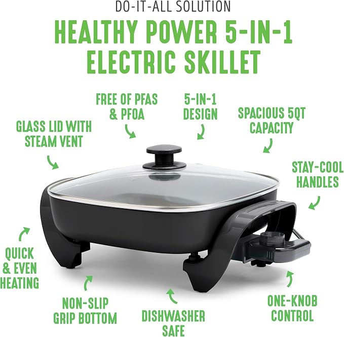 GreenLife 12" 5QT Electric Skillet, Black | PFAS-Free Ceramic Nonstick Coated Interior, Glass Vented Lid, Temperature Control, Dishwasher Safe, Pancakes, Eggs, Bacon