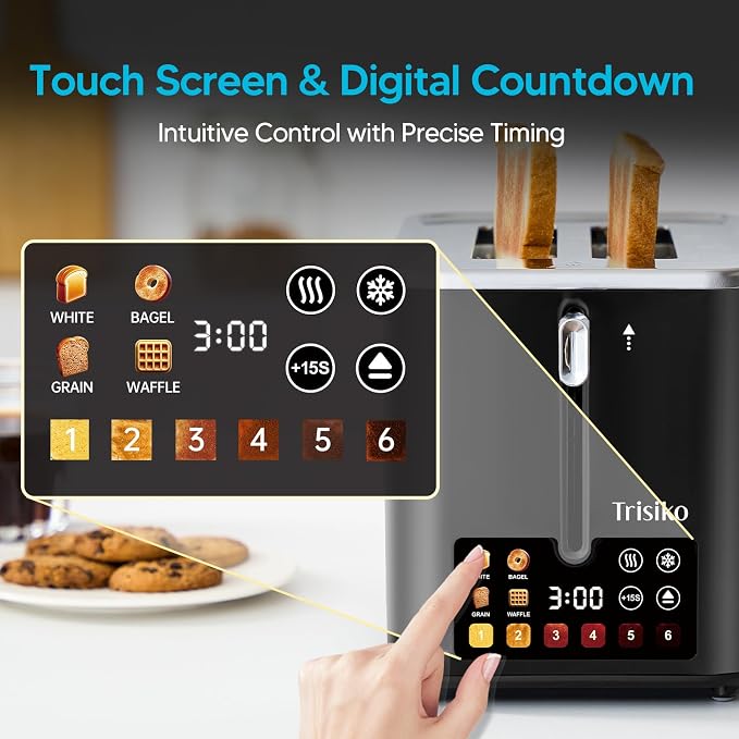 Smart Touch Screen 2 Slice Toaster, Wide Slot,Black | 900W digital toaster with 6 shade levels, bagel, defrost, reheat, cancel, crumb tray, and cord wrap for small kitchens