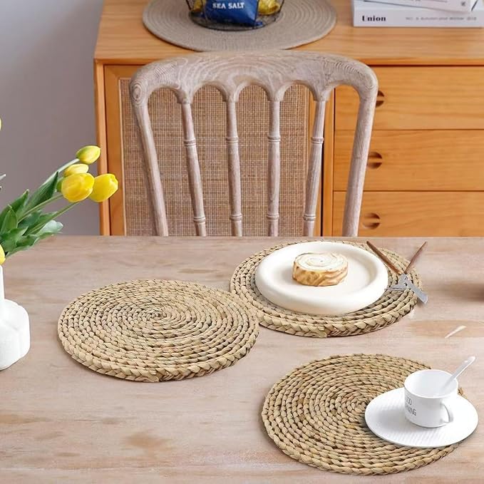 6Pcs 12" Round Woven Rattan Placemats,Natural Hand-Woven Water Hyacinth Placemats,Farmhouse Weave Place Mats,Rustic Braided Wicker Table Mats (12inch Set of 6)
