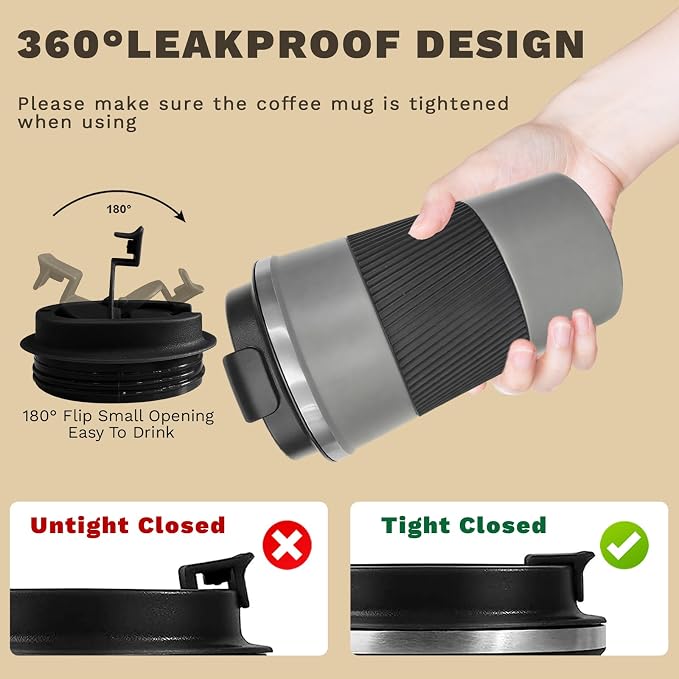 Vacuum Insulated Stainless Steel Travel Coffee Mug,Leak Proof Cup with Lid | 304 stainless steel mug with vacuum insulation, leak proof lid, silicone grip and car cup holder friendly design