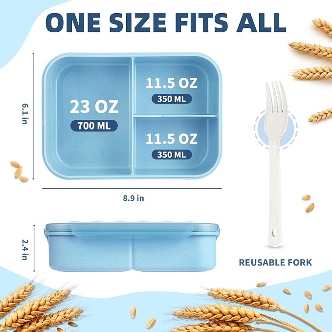 Itopor Bento Box for Kids & Adults, Lunch Box 46 oz / 1400ml, Pale Blue | Wheat straw material, BPA-free, leakproof, 3 compartments, microwave & dishwasher safe, for school, office & travel