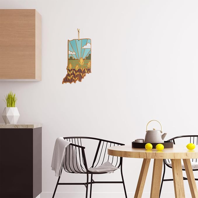 Totally Bamboo Indiana State Shaped Cutting Board, Summer Stokes Art | State charcuterie board with colorful hand-drawn landscape art. Smooth reverse side for food prep. Hang tie for wall display.
