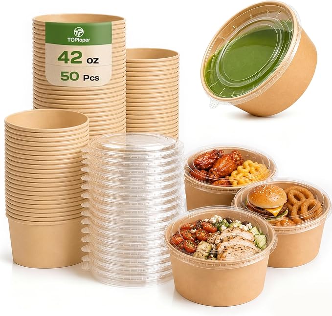 TOPtoper 42Oz 50Pcs Large Paper Bowls with Lids, Disposable Soup Serving Bowls Bulk Party Supplies for Hot/Cold Food, Soup (42 OZ)