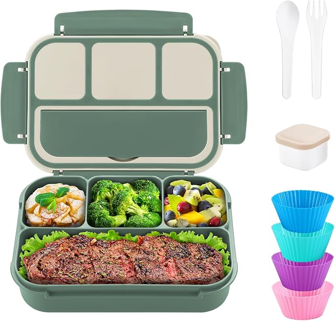 QQKO Bento Box Adult Lunch Box, Bento Box for Kids, 1200 ML Lunch Containers for Adults, Food Storage Container With 4 Compartments, Leak-Proof, Microwave, Dishwasher Safe, Green