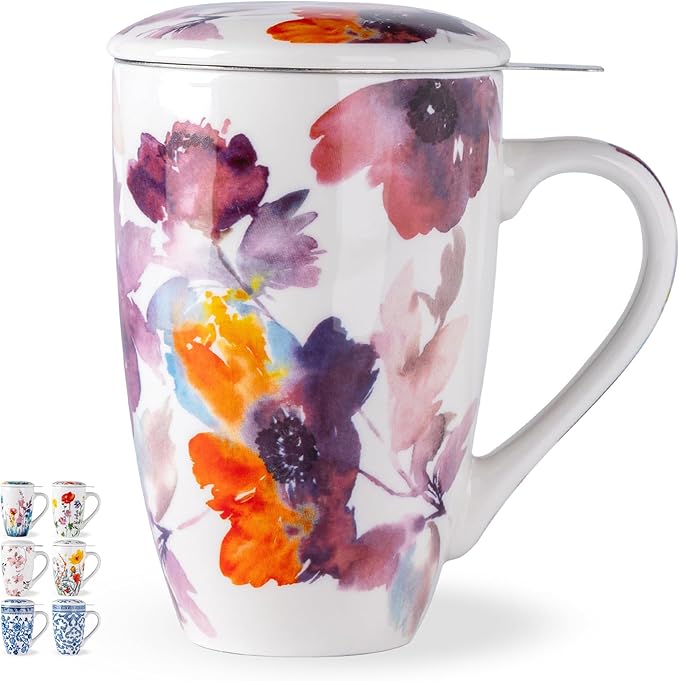 AmorArc Tea Cup With Infuser and Lid, 18oz Loose Leaf Tea Mug With Steeper | Porcelain Tea Mug With Infuser and Lid, Strainer Tea Cup for Tea Lovers, Home & Office, Housewarming Birthday Gift