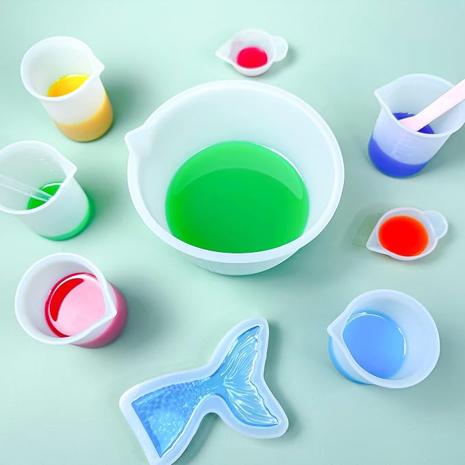 Sjubaopen Silicone Measuring Cups 600ml for Resin, Epoxy, Baking | Easy to clean, Heat Resistant, Thickened, 100ml+10ml, Stir Sticks, Droppers, Finger Cots for Wax,Chocolate, Jewelry