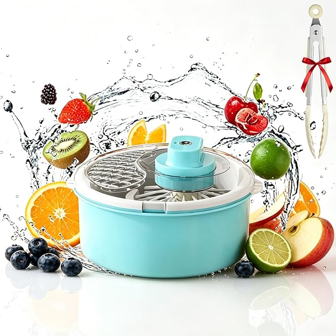 2026 Upgraded Fruit Cleaner Spinner, Fruit Washer Spinner Bowl, Electric Salad Spinner, Electric Fruit Washer with Non-Slip Base for Veggie, Grains, Rice, Meat, Seafood，Blue