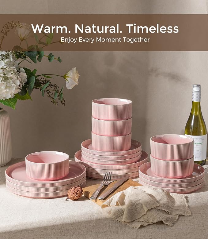 GBHOME Stoneware Dinnerware Sets for 4,12-Piece Plates and Bowls Set | Handmade Reactive Glaze Ceramic Dish Set, Scratch Resistant, Dishwasher&Microwave Safe,Blush Pink