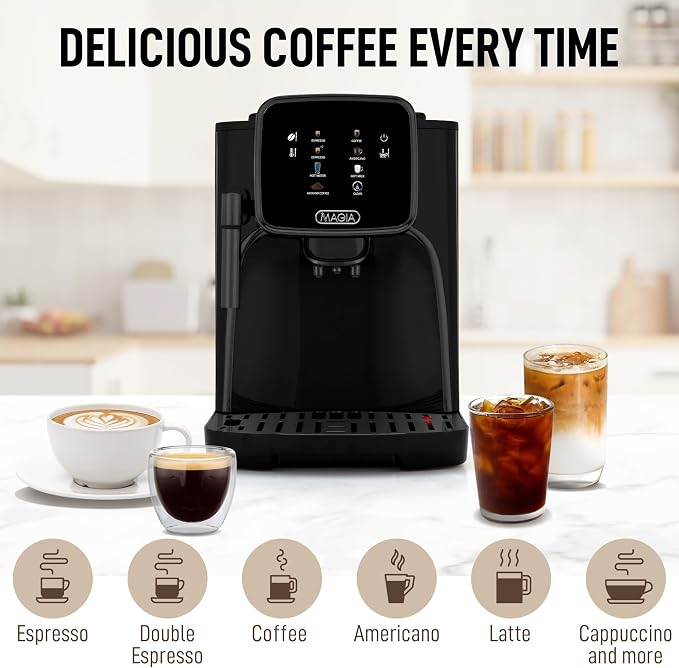 Zulay Kitchen Magia Clasica Automatic Espresso Machine with Built-In Grinder, Touch Panel Coffee Maker, Steam Wand Milk Frother, Adjustable Strength, Self-Cleaning, Black (13" x 17.7" x 9.4")