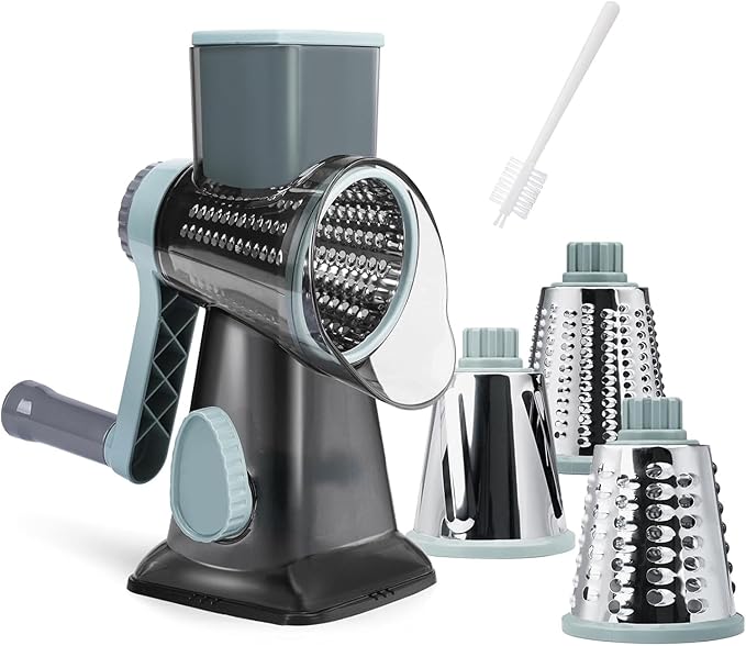 3 in 1 Rotary Cheese Grater Hand Crank with Strong Suction Base | Cheese Shredder with 3 Detachable Blades, Slices, Chops & Shreds Veggies & Nuts, Dishwasher Safe, GreyBlue