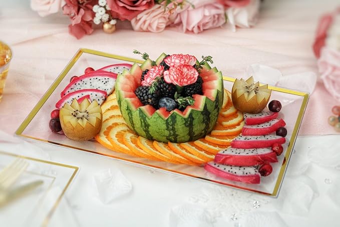 Elegant Plastic Serving Tray & Platter Set (6pk) - Clear & Gold Rim Disposable Serving Trays & Platters for Food - Weddings, Upscale Parties, Dessert Table, Cupcake display - 8x13 inches