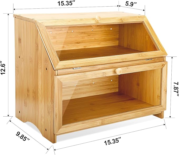 HOMEKOKO Double Layer Bread Box for Kitchen Countertop, Natural Bamboo | Keeps Bread Fresh 3-4 Days, Large Capacity Fits 2+ Loaves, Suitable For Home Kitchen Food Storage Use, See-Through Window