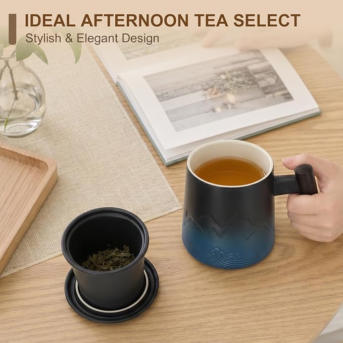 Tea Cup with Infuser and Lid, 14oz Ceramic Loose Leaf Tea Steeper Cup with Wood Handle and Cup Lid, Blue, Black | 14oz Ceramic Tea Mug with Lid, Loose Leaf Tea Steeper Cup with Wood Handle for Tea Lovers Gifts