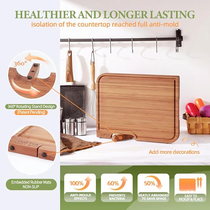 Golffox Wood Cutting Board Set, Bamboo Chopping & Charcuterie for Kitchen | Non Toxic Carbonized Bamboo Cutting Board with Stand, Built-in Handles, Deep Juice Grooves, for Meat, Vegetables & Fruits