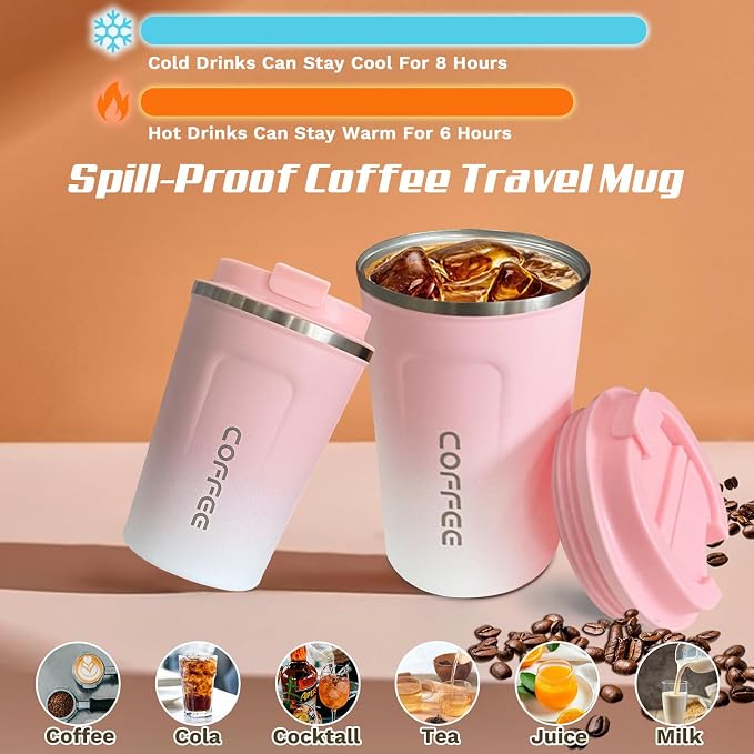 SPLMIFA Travel Coffee Mug Leak-Proof, Reusable Coffee Cups with Lids, Stainless Steel Vacuum Insulated Coffee Tumblers, Thermal Insulation Cup for Men and Women Hot & Cold Drinks(2nd-Pink White, 17OZ)