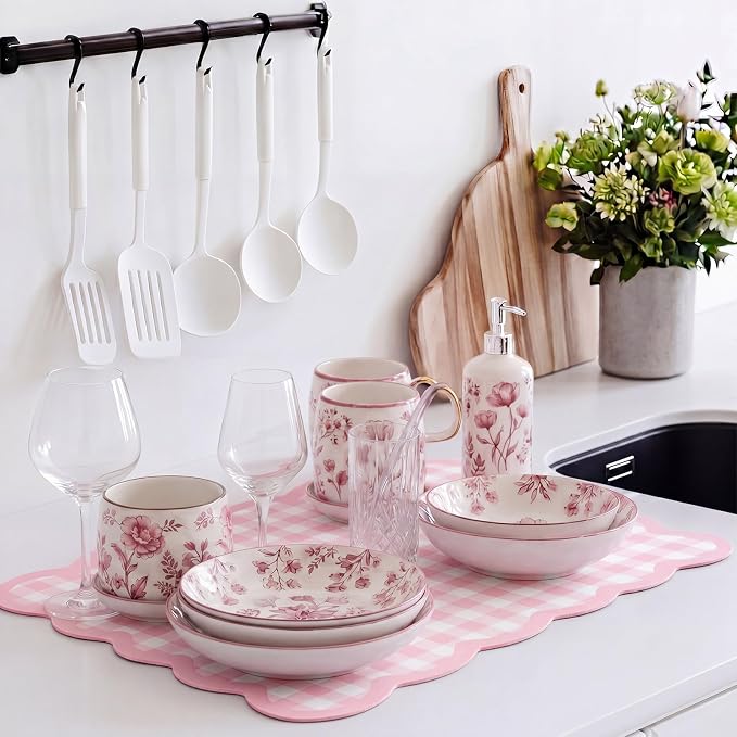 Pink Scalloped Gingham Coffee Mat 12" x 20" Absorbent Bar Mat | Gingham Espresso Matt with Non Slip Rubber Backing for Coffee Countertops