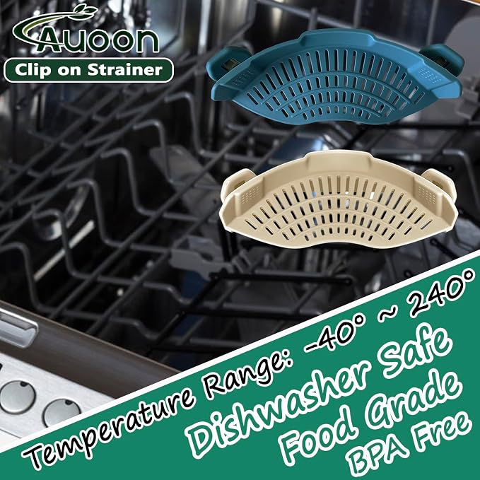 AUOON Pasta Strainer Clip on Silicone, Standard 8.86 x 3.55 in, Fog Blue | BPA-free, Fits All Pots Pans Bowls, Dishwasher Safe, for Meat Noodles Vegetable Fruits, Space-saving Kitchen Gadget