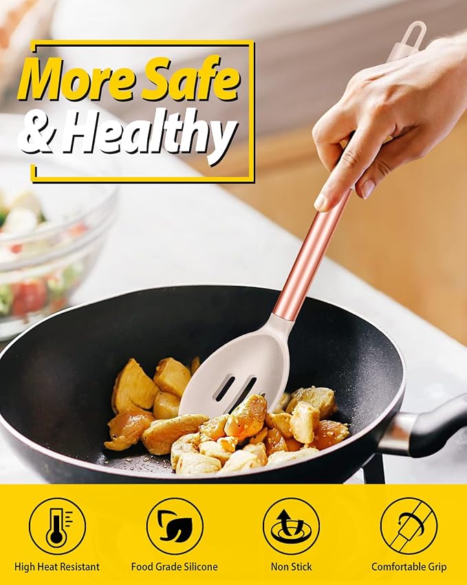 BUNDLEPRO Silicone Cooking Spoons for Non Stick Cookware, 2 Pack | Rose Gold Khaki, Heat Resistant, Large Kitchen Spoons for Mixing, Serving, Draining, Stirring