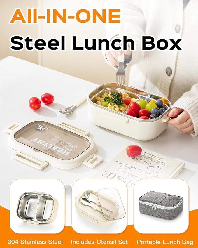 Lille Home 28oz Stainless Steel Leakproof 2-Compartment Bento Lunch Box | Portion Control Metal Lunch Box Food Container with Lunch Bag and Cutlery Set, BPA Free (Beige)