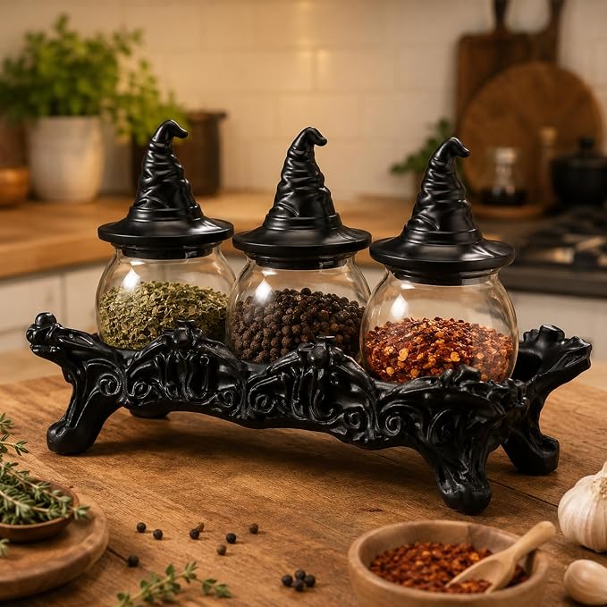 13'' Halloween Witchy Spice Jars Set 3 Pcs Large Gothic Vintage Apothecary Glass Jars with Witchy Hat Lids Home Kitchen Decoration Food Storage Container Herb Tea Salt Spice Pepper Display
