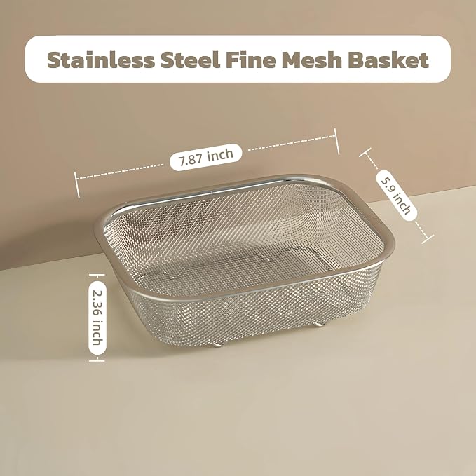 18/8 Stainless Steel Fine Mesh Strainer Basket with Feet, Rectangular Colander for Vegetables, Fruits, Pasta, Noodles – Rustproof, Durable & Easy to Clean (7.48 inch)