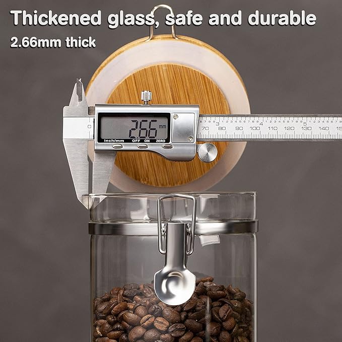Coffee Container with Shelf: 2P 45OZ Glass Airtight Coffee Holder | Large Capacity Coffee Canister w/Wooden Scoop - Kitchen Food Storage Jar for Ground Coffee/Tea/Sugar/Cereal/Nuts/Coffee Bar