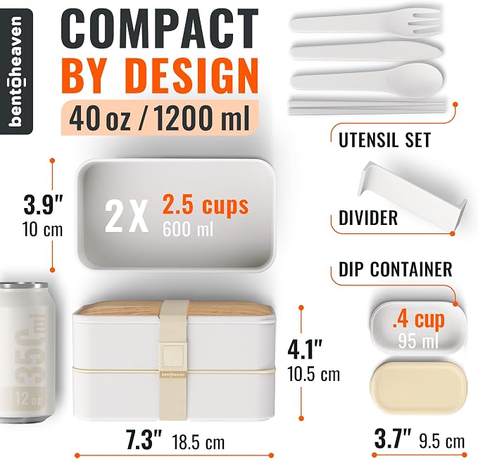 Bentoheaven Bento Box Adult, Stackable Lunch Box, 40 oz, Bright Light | BPA-free, leakproof and microwave-safe with 2 compartments, utensils, chopsticks, divider and sauce cup for men and women.