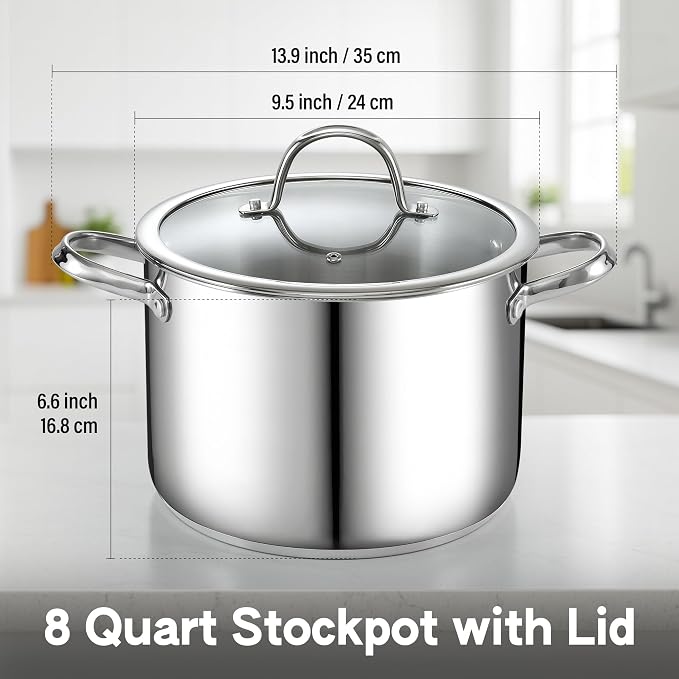 Cooks Standard Classic 8-Quart Stainless Steel Dutch Oven Casserole with Glass Lid, Large Dutch Oven Casserole for Soup, Stew, Chili & Pasta, Compatible with All Stovetops