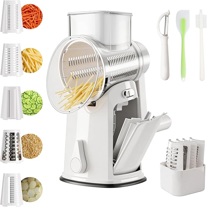 The CoveCarol rotary cheese grater comes with 5 blades and 3 tools: a round mandolin slicer and a food shredder. Suitable for fruits, vegetables, nuts, etc., it includes a blade storage box. (White)